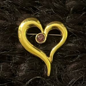 Heart Shaped Gold in Color Purple Stone Pendant/Brooch/Pin